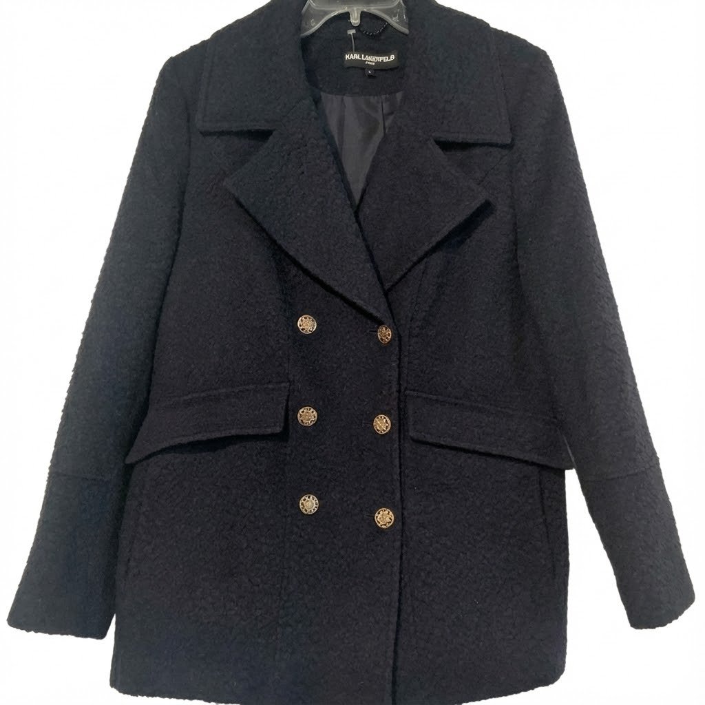 Karl Lagerfeld Black Double-Breasted Wool Pea Coat